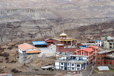 High angle view of buildings in town