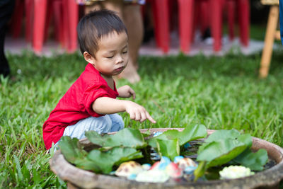 Cute boy pointing while crouching on grassy field