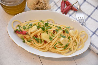 High angle view of noodles served in plate