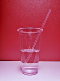 Close-up of drink in glass on table against wall