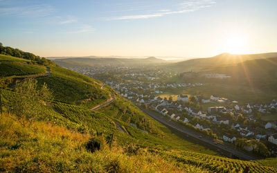 High angle view of townscape against sky during sunset