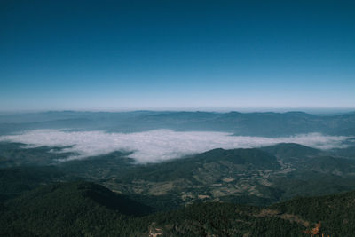 High angle view of mountains against clear blue sky