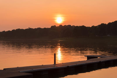 Scenic view of lake against orange sky