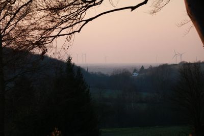 Trees on landscape against sky during sunset