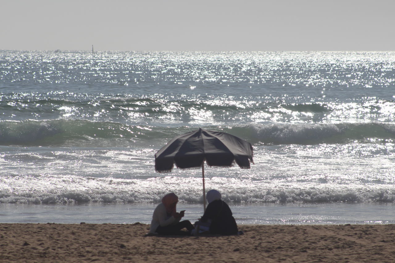 PEOPLE SITTING ON BEACH AGAINST SKY