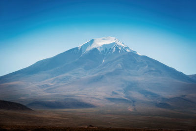 Scenic view of snowcapped mountains against clear blue sky