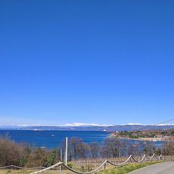 Scenic view of beach against clear blue sky