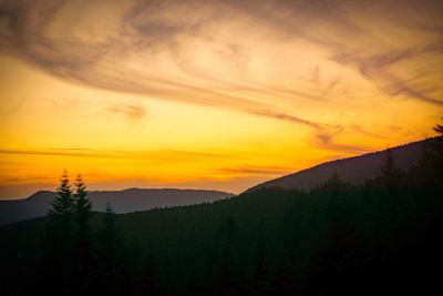 Scenic view of silhouette mountains against sky at sunset