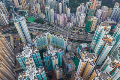 High angle view of modern buildings in city