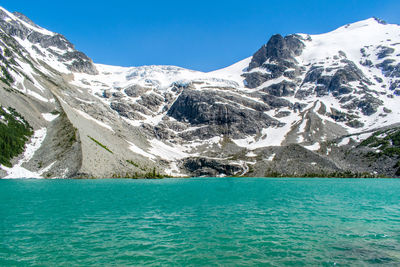 Scenic view of mountains against clear blue sky