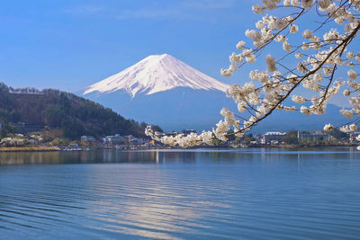 Scenic view of lake by snowcapped mountains against sky