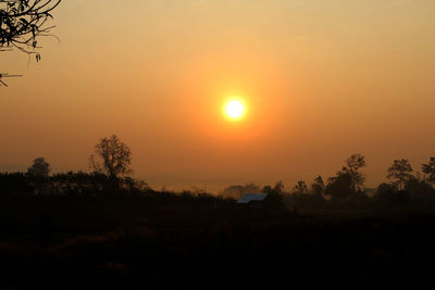 Silhouette trees on field against orange sky