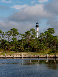 View of lighthouse by building against cloudy sky