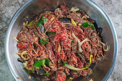 High angle view of meal served in bowl