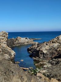 Scenic view of sea against clear blue sky
