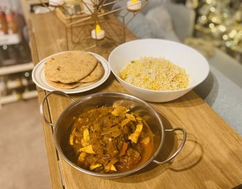 High angle view of meal served on table