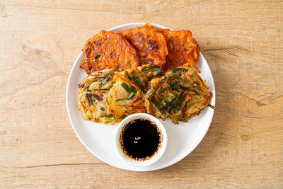 High angle view of food in plate on table