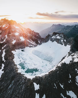 Scenic view of snowcapped mountains against sky during sunset