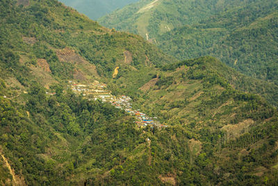 Village at mountain range with dense green forests at morning from flat angle