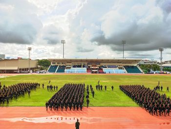 High angle view of parade on ground in stadium