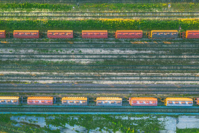 Directly above shot of freight train on railroad track