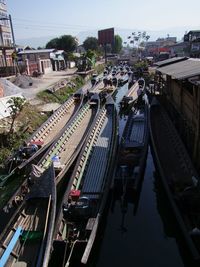 High angle view of railroad station in city