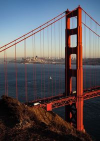 View of suspension bridge in city