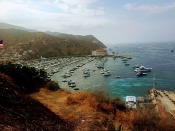 High angle view of bay against sky