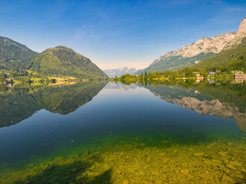 Scenic view of lake and mountains against blue sky