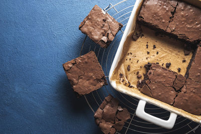 High angle view of chocolate cake on table