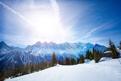 Panoramic view of snow covered mountains against sky