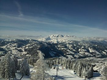 Scenic view of snowcapped mountains against sky