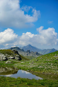 Scenic view of lake and mountains against sky