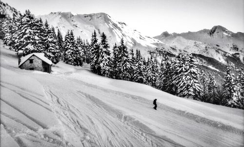 Tourists on snow covered mountain