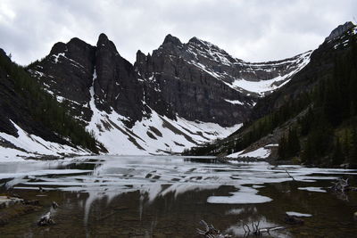 Reflection of mountains on lake during winter