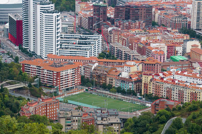 High angle view of buildings in city