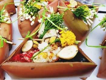 High angle view of meal served on table