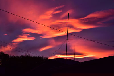 Low angle view of silhouette electricity pylon against dramatic sky