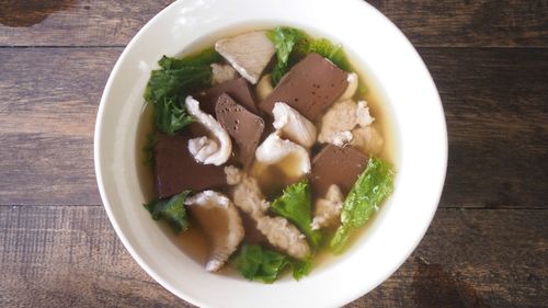 High angle view of soup in bowl on table