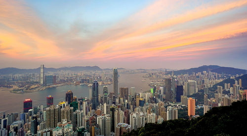 High angle view of cityscape at sunset