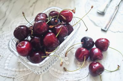 High angle view of cherries on table