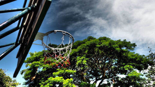 Low angle view of basketball hoop against sky