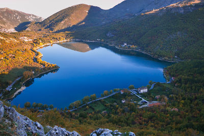 Stunning view of the heart-shaped scanno lake, the most famous and romantic lake in abruzzo