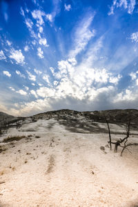 Scenic view of beach against cloudy sky