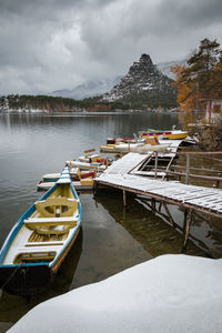 Boats moored in lake against sky