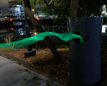 View of city lit up at night