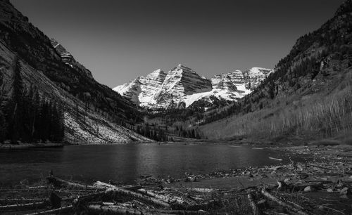 Scenic view of lake and mountains against clear sky