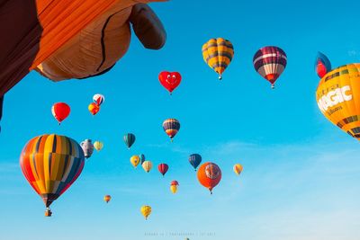 Hot air balloons flying at sunset