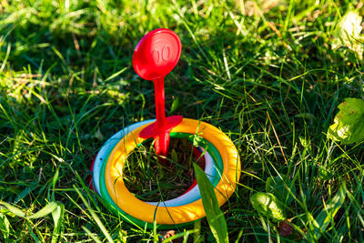 High angle view of red toy on field