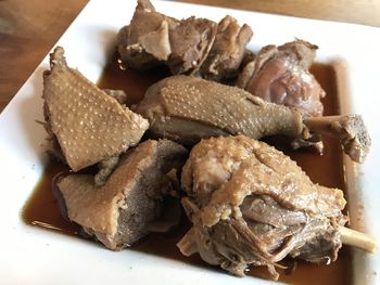 High angle view of meal served on table